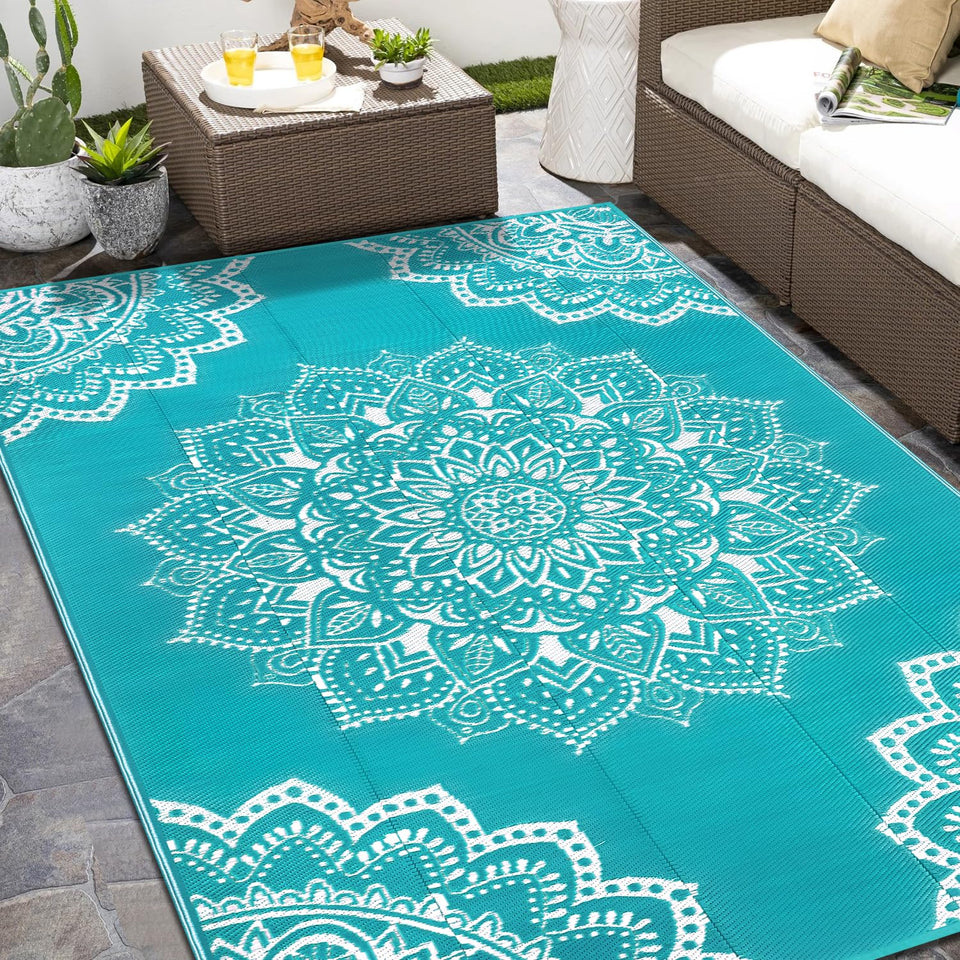 Yamaziot 6x9 blue reversible outdoor rug displayed on patio for versatile styling