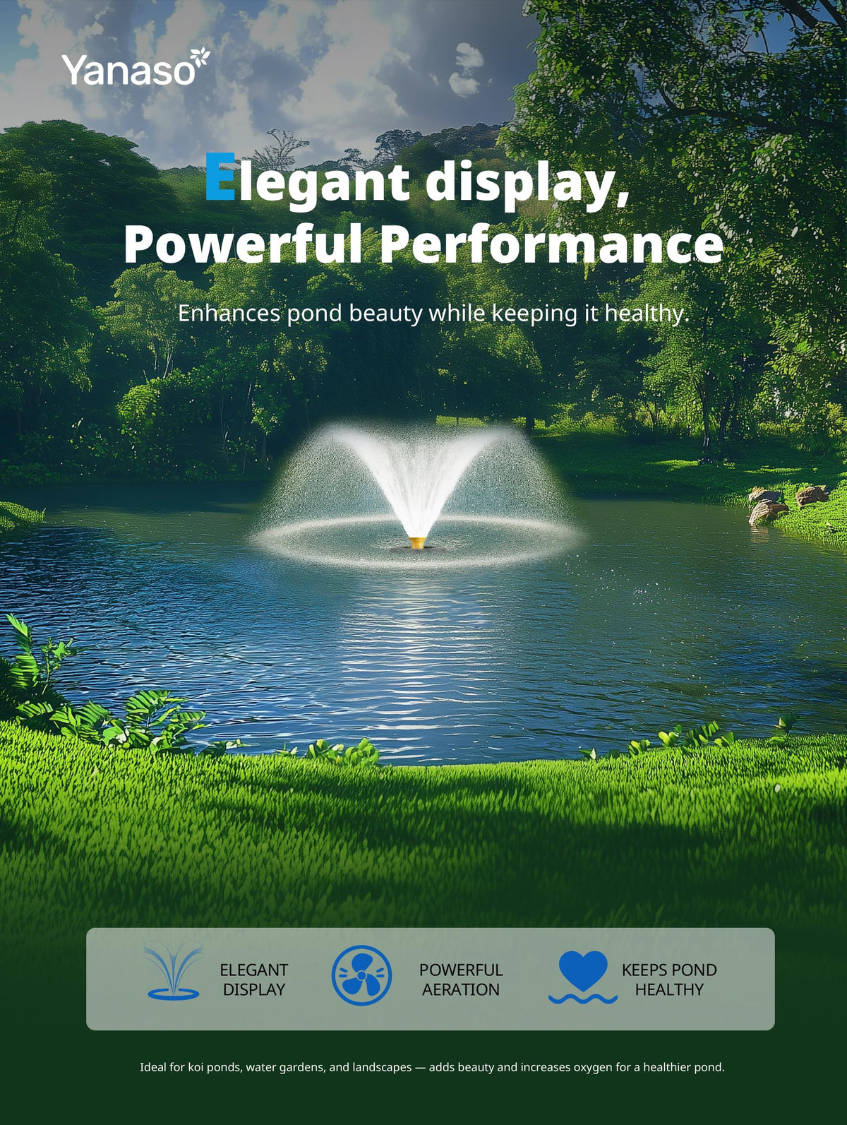 YANASO pond fountain with two spray patterns for visual variety