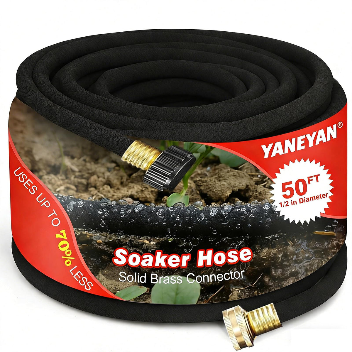 YANEYAN 50 ft soaker hose assembly with leak-resistant brass connectors for steady irrigation.