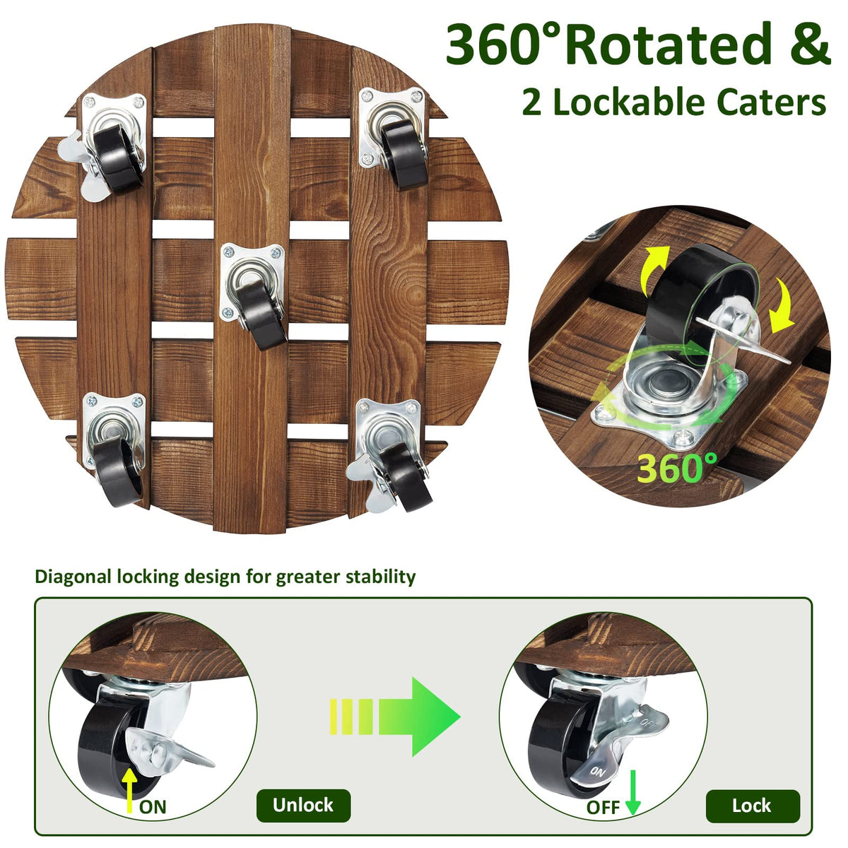 Yangbaga plant caddy close-up of 360-degree wheels for smooth maneuvering.