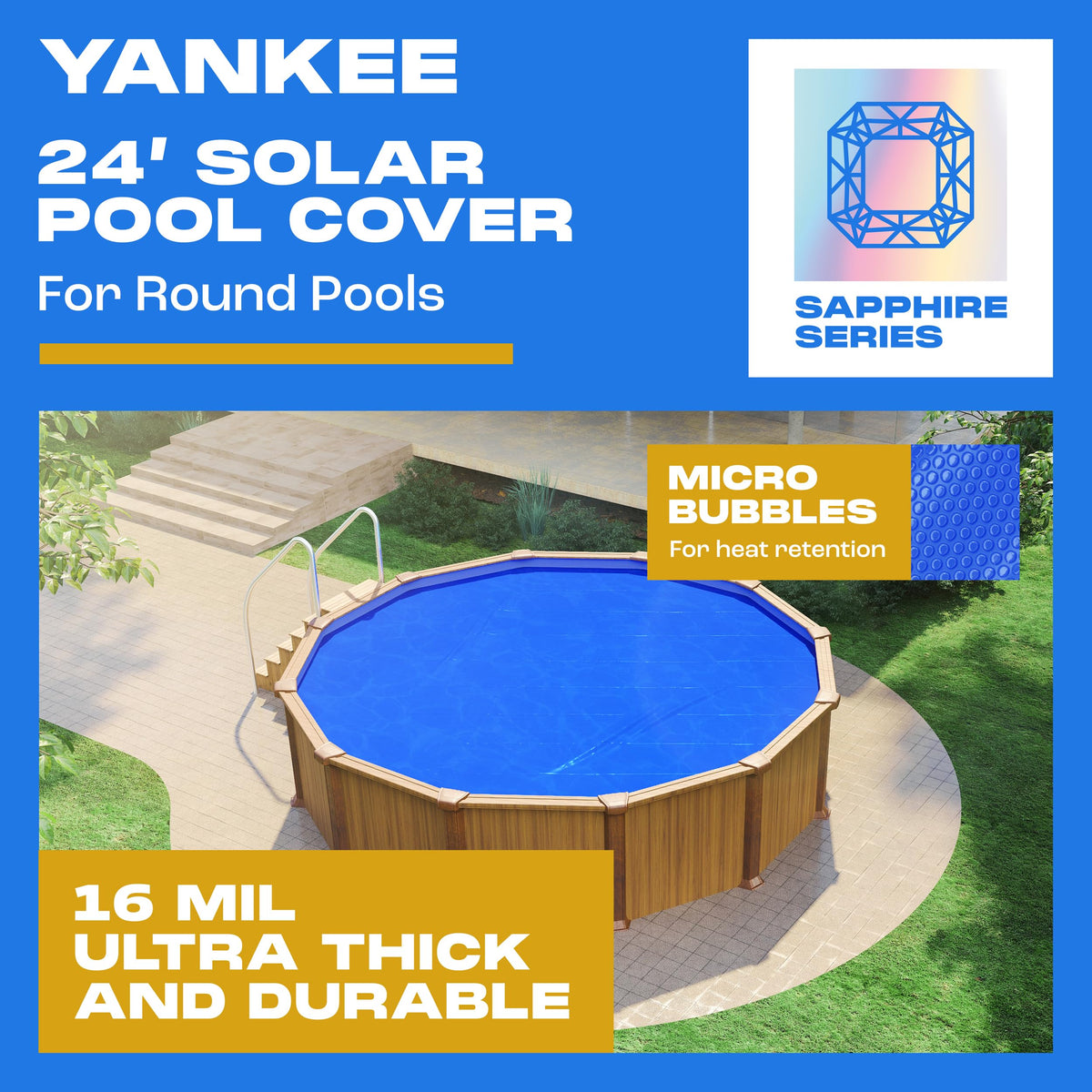Yankee Pool Pillow Sapphire round cover in sun demonstrates heat transfer to water
