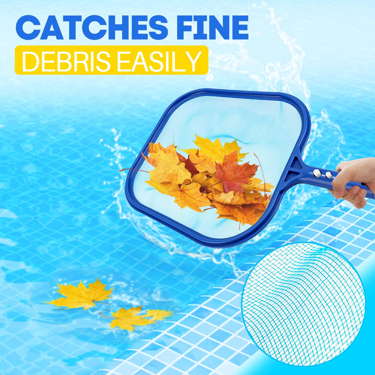 YANLIFY ultra-fine mesh skimmer removes fine leaves and dirt for cleaner water.