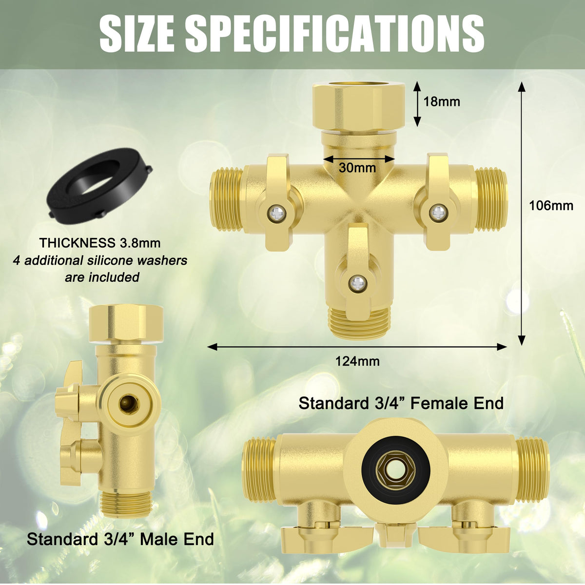 Yanwoo heavy-duty 3-way splitter connected to faucet demonstrates a simple multi-outlet setup.
