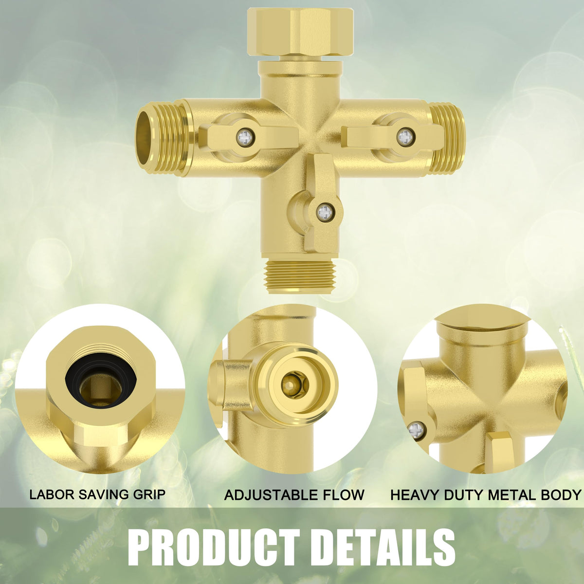 Yanwoo metal hose splitter close-up highlights corrosion-resistant construction for lasting outdoor use.