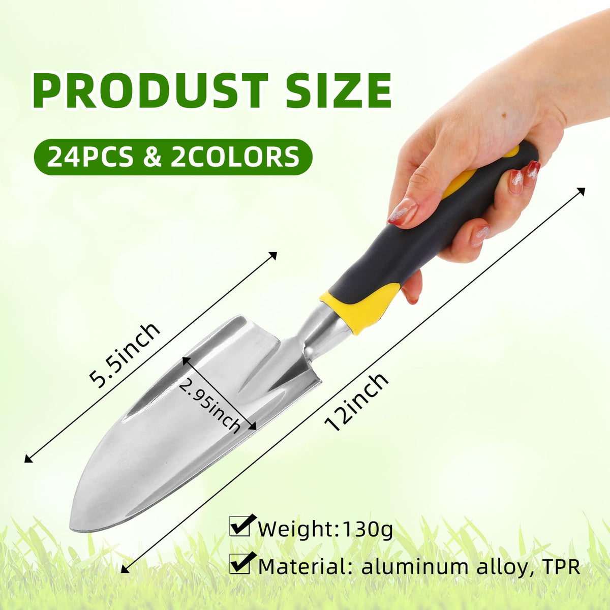 Yaocom hand trowel with soft TPR grip for comfortable, non-slip handling.