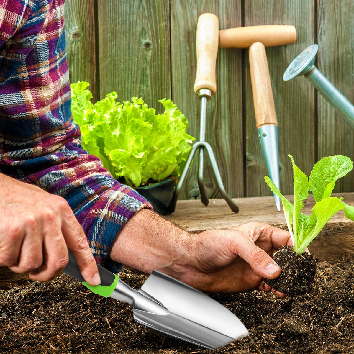 Yaocom multipurpose garden tool for planting, loosening soil, transplanting, and weeding.