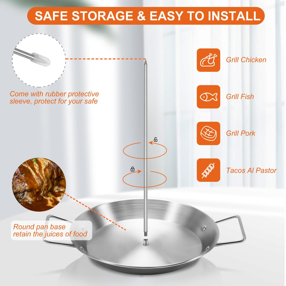 Yaokvide Al Pastor Skewer 10 inch sturdy base prevents tipping during grilling