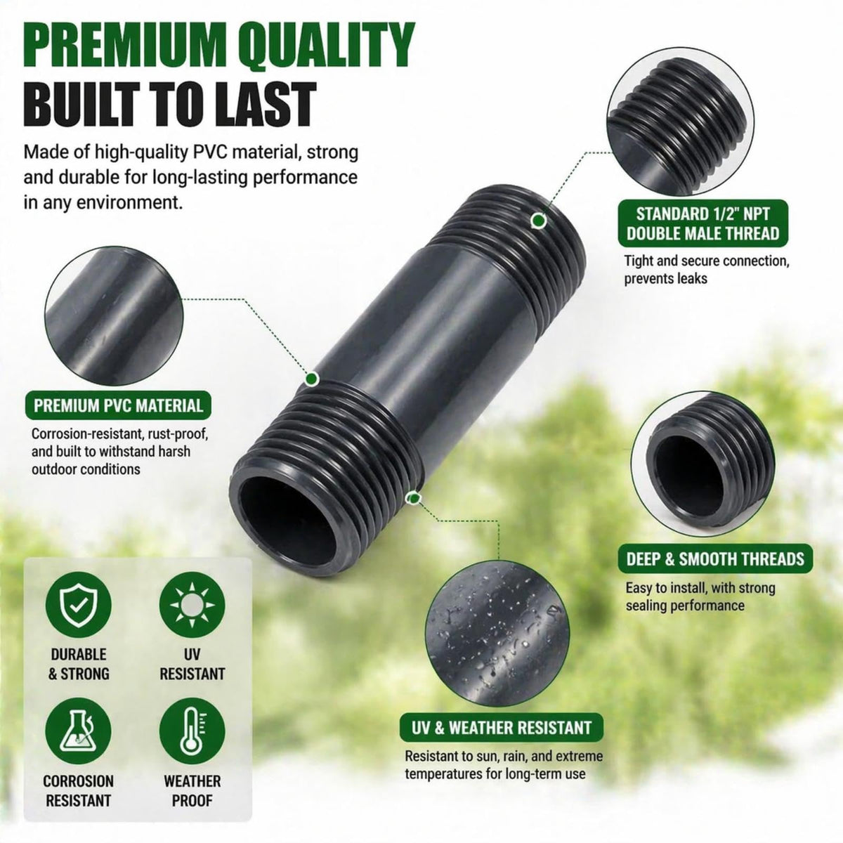 Yaomiao 2-inch MPT thread adapter extends your irrigation setup for higher spray.