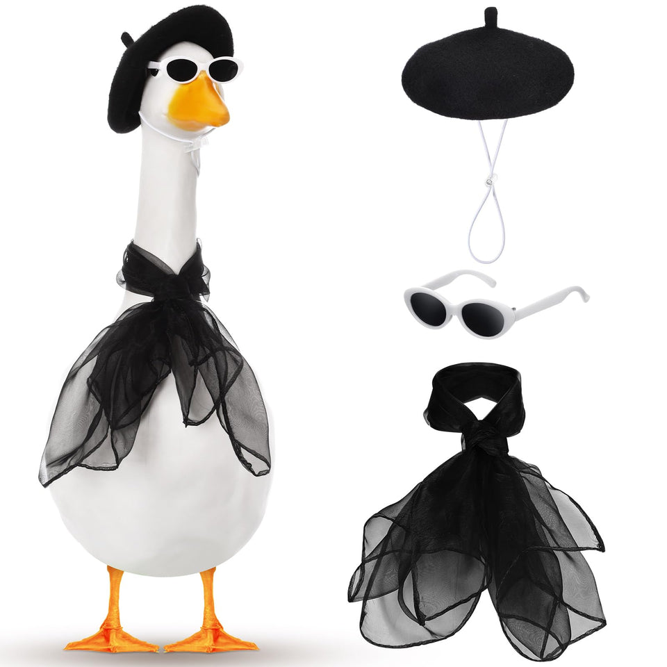 Yaomiao goose outfit with red beret on lawn statue for porch decor
