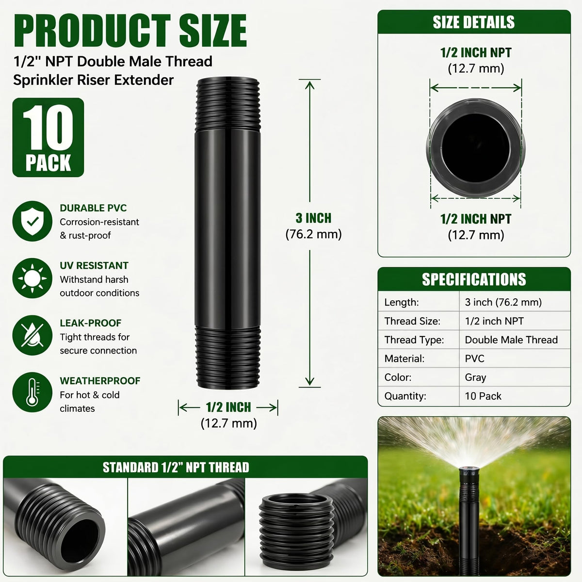 Yaomiao sprinkler riser with 3in length raises spray height for elevated beds