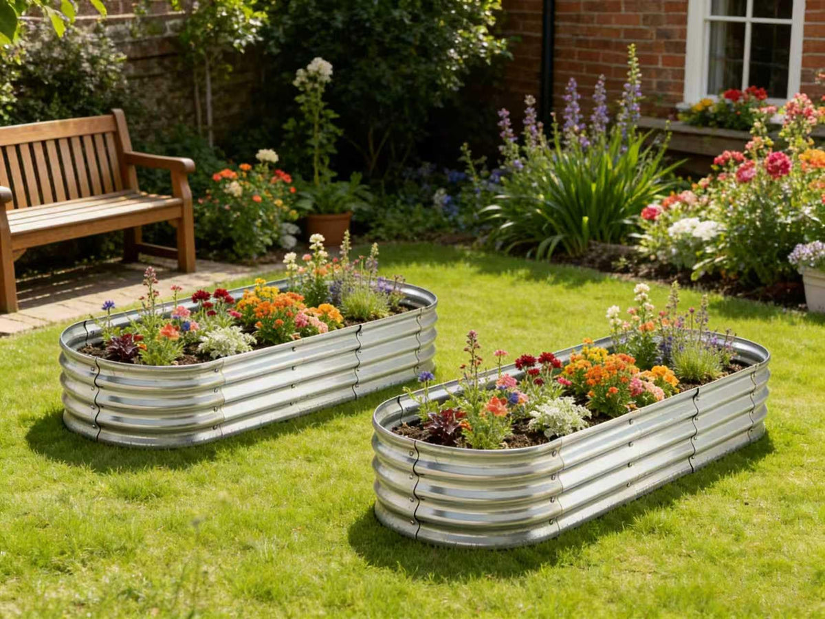 Yararday galvanized metal plate raised-bed close-up, sturdy construction for vegetables and herbs.