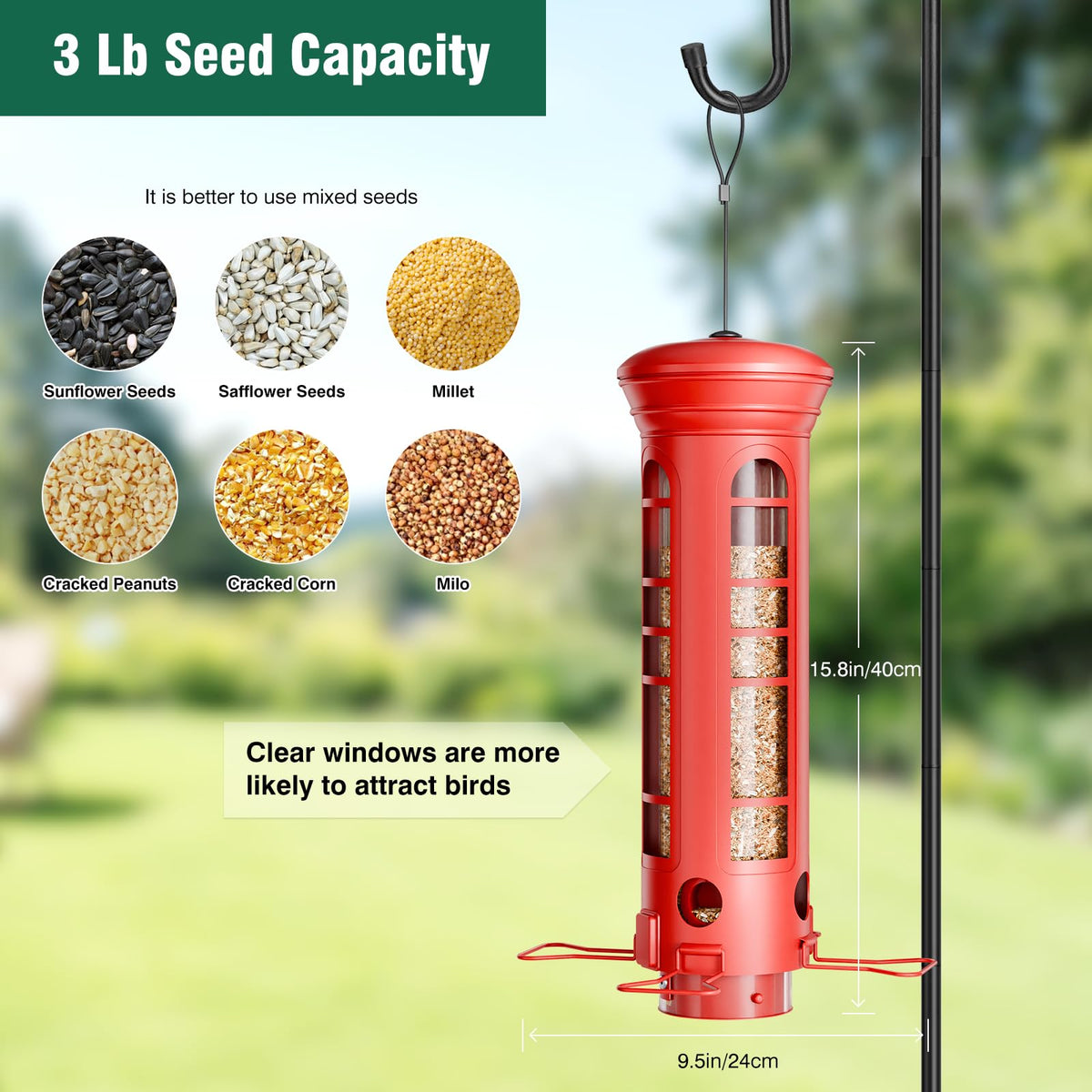 Yarbirder sealed top and drainage holes keep seeds dry