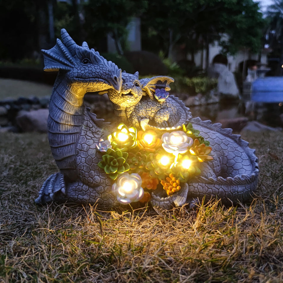 Yardancer Dragon solar statue front view for warm garden ambiance at dusk.
