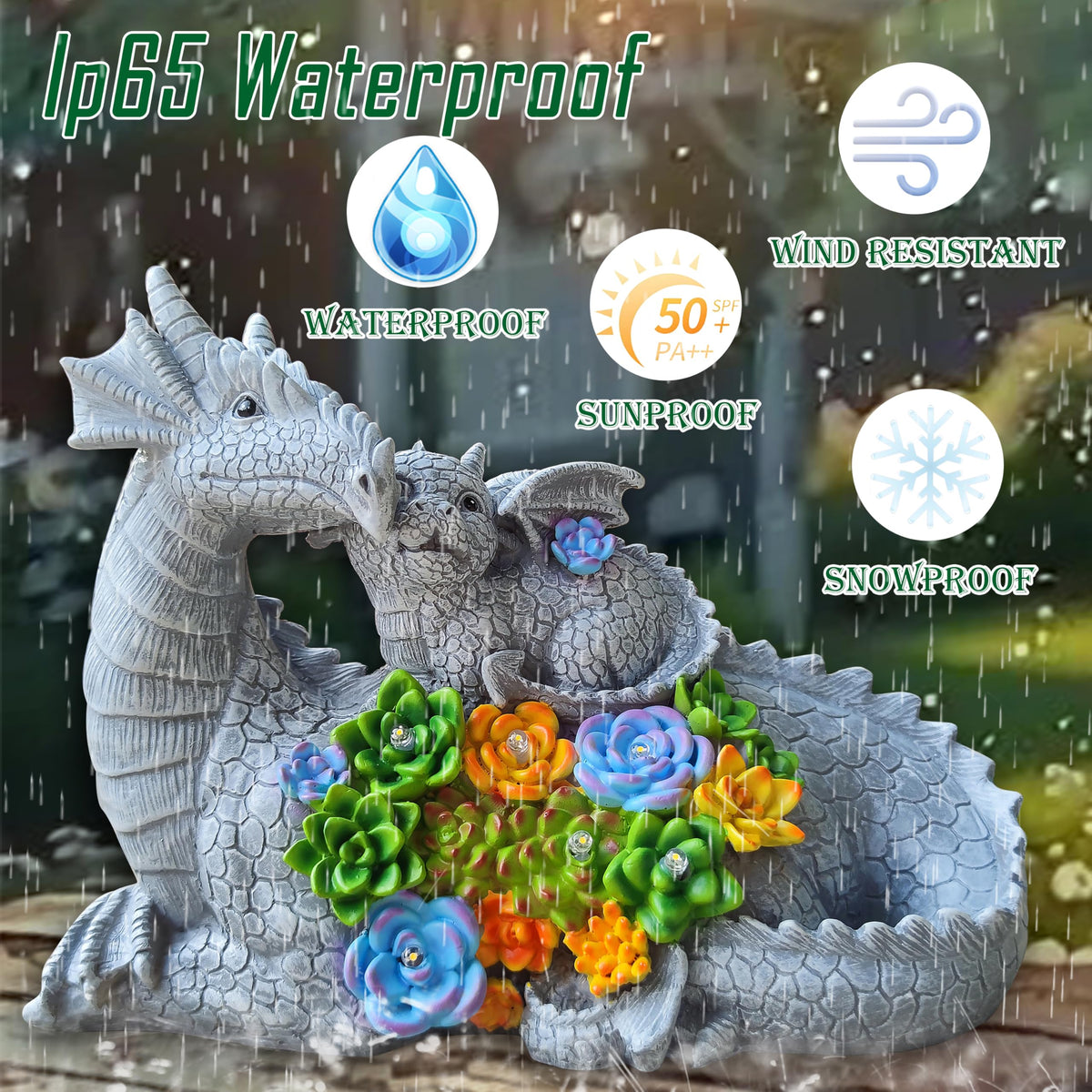 Yardancer dragon family figure with six LED lights for illumination.