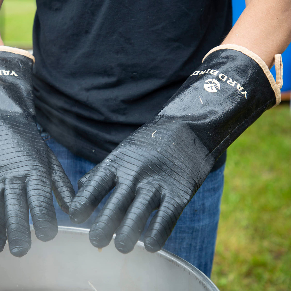 Yardbird textured grip on gloves improves control in wet environments.