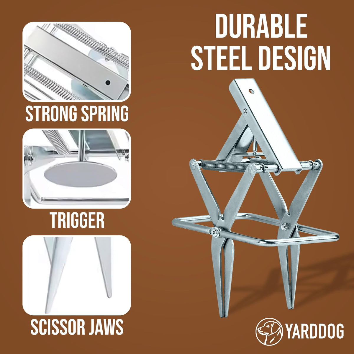 YARDDOG durable steel mole trap highlighting corrosion-resistant construction