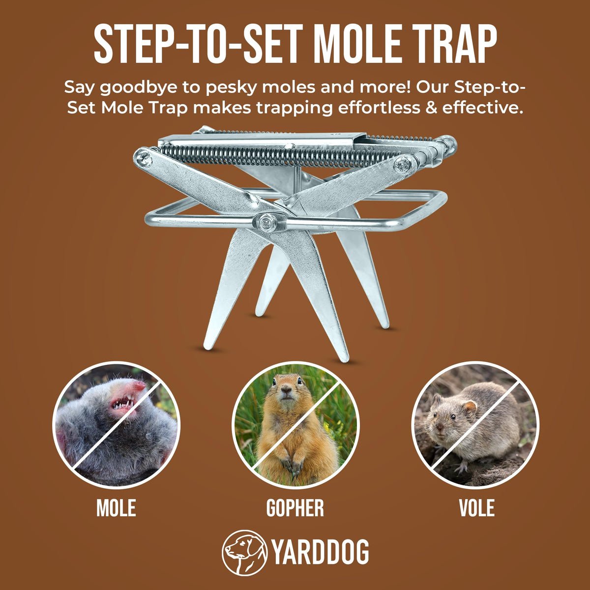 YARDDOG step-to-set trap shown with easy activation step in garden