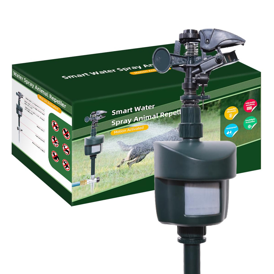 Yardeen motion sensor sprinkler front view showing 360-degree coverage for yard protection