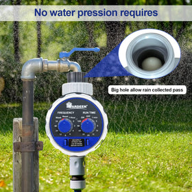 Yardeen timer connected to garden hose for easy outdoor irrigation