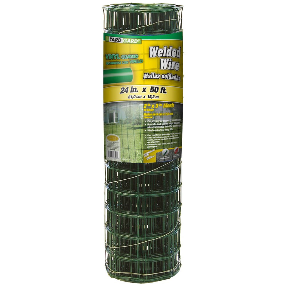 YARDGARD 2in x 3in mesh fence close-up with green vinyl coating for durable outdoor use.