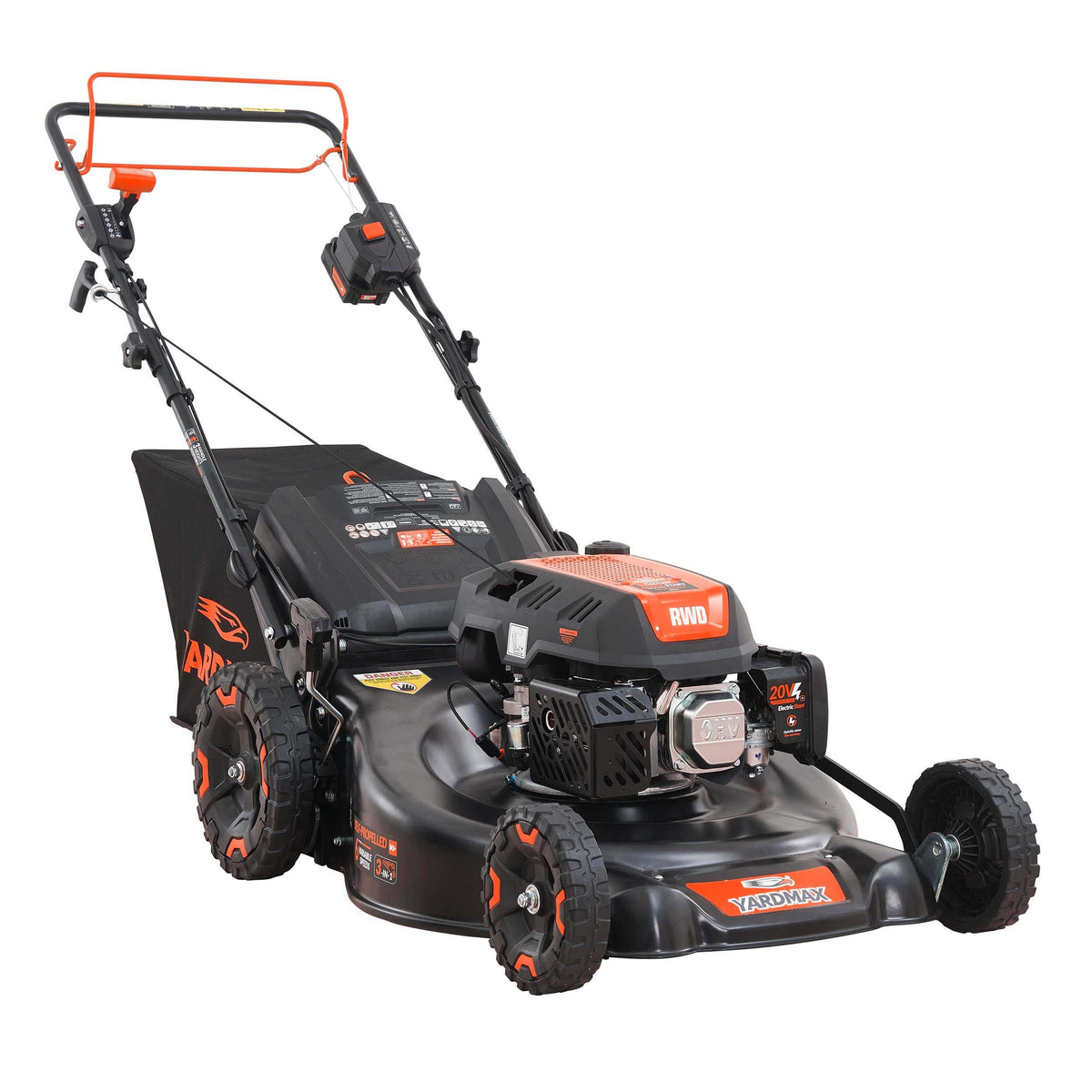 YARDMAX 24in electric-start self-propelled mower front view ensuring smooth, precise cuts.