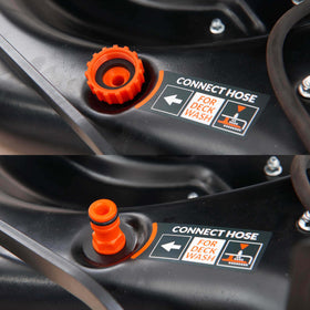 YARDMAX electric-start switch close-up for quick, hassle-free starts.