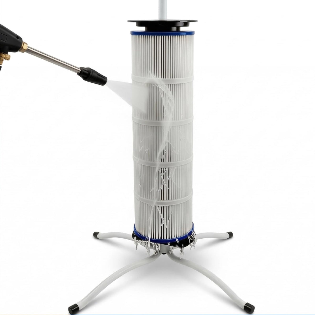 YARDOVA pool filter cleaning stand side view showing stable upright rinsing