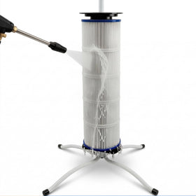 YARDOVA pool filter cleaning stand side view showing stable upright rinsing