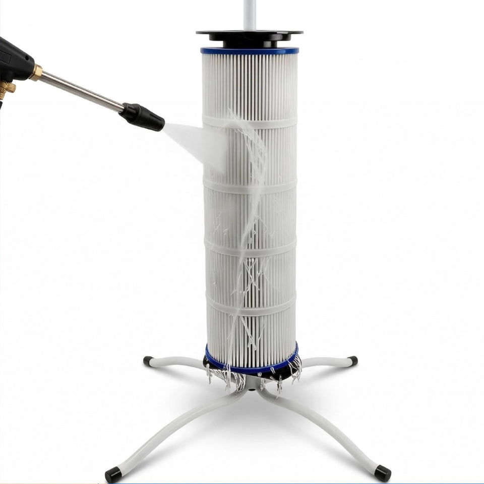 YARDOVA pool filter cleaning stand side view showing stable upright rinsing