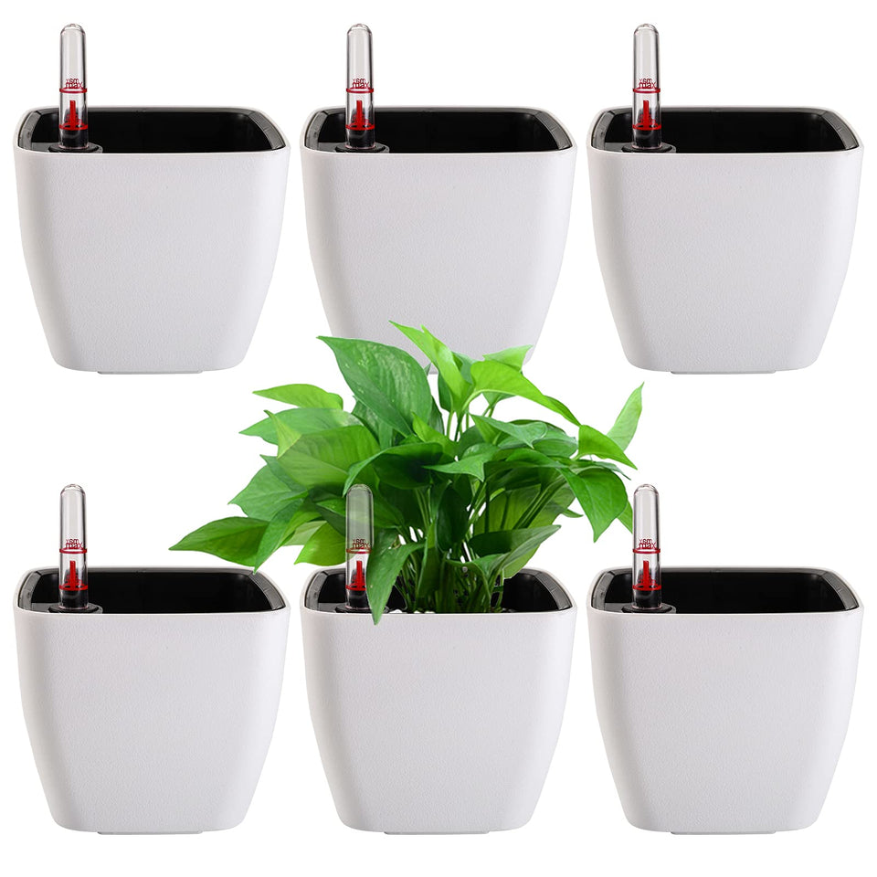 Yarlung 6-pack self-watering planters set displayed on a shelf for compact indoor greenery.