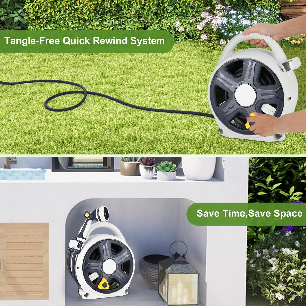 YASHINE 10-pattern nozzle with thumb control for versatile watering options.