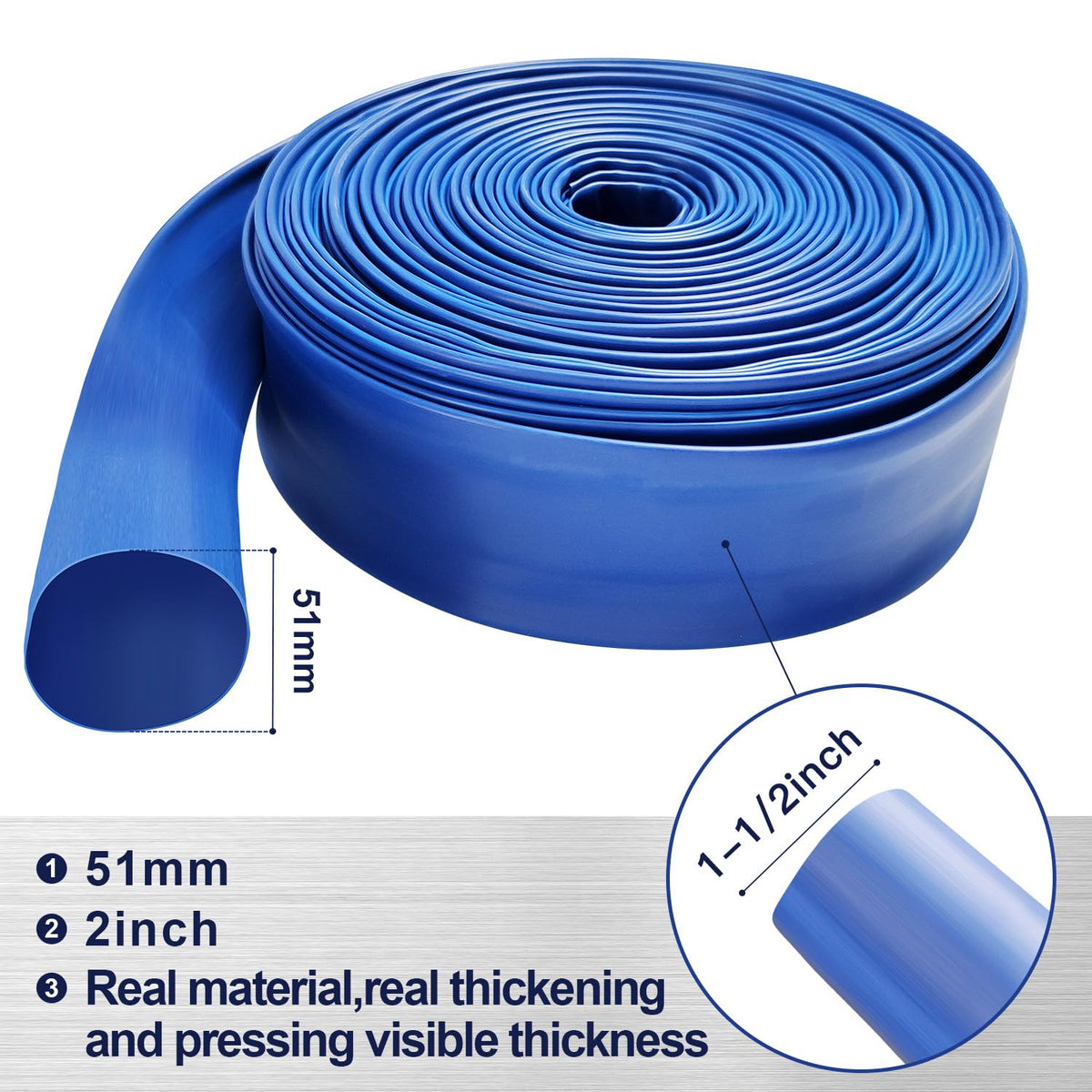 Blue lay-flat YASHINE hose used for pool backwash draining water.