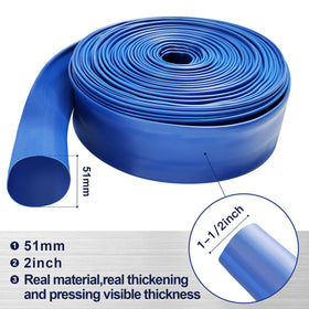 Blue lay-flat YASHINE hose used for pool backwash draining water.