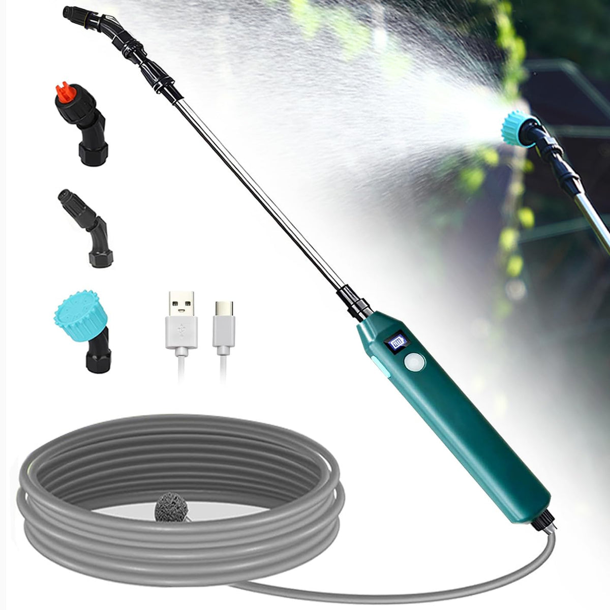 YASIMIA battery powered sprayer wand with telescopic reach for easy elevated spraying