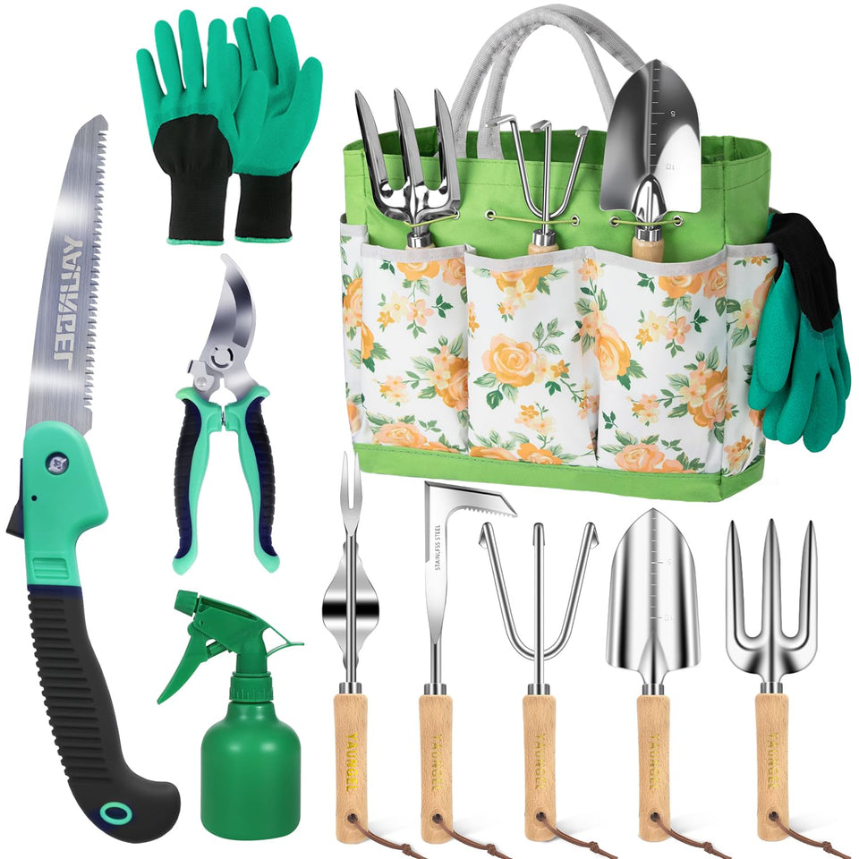 Yaungel 10-in-1 garden tools tote bag with floral pattern for organized storage