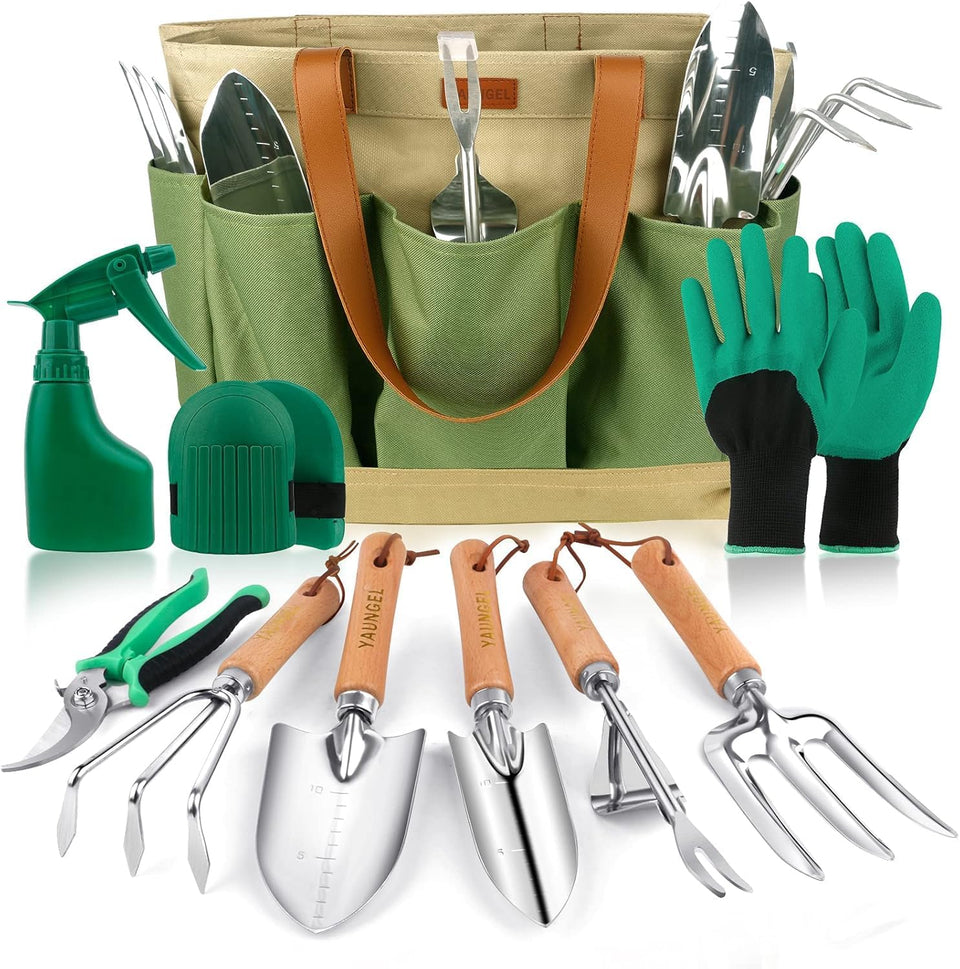 YAUNGEL gardening tools set 10 with tote for organized garden tasks.