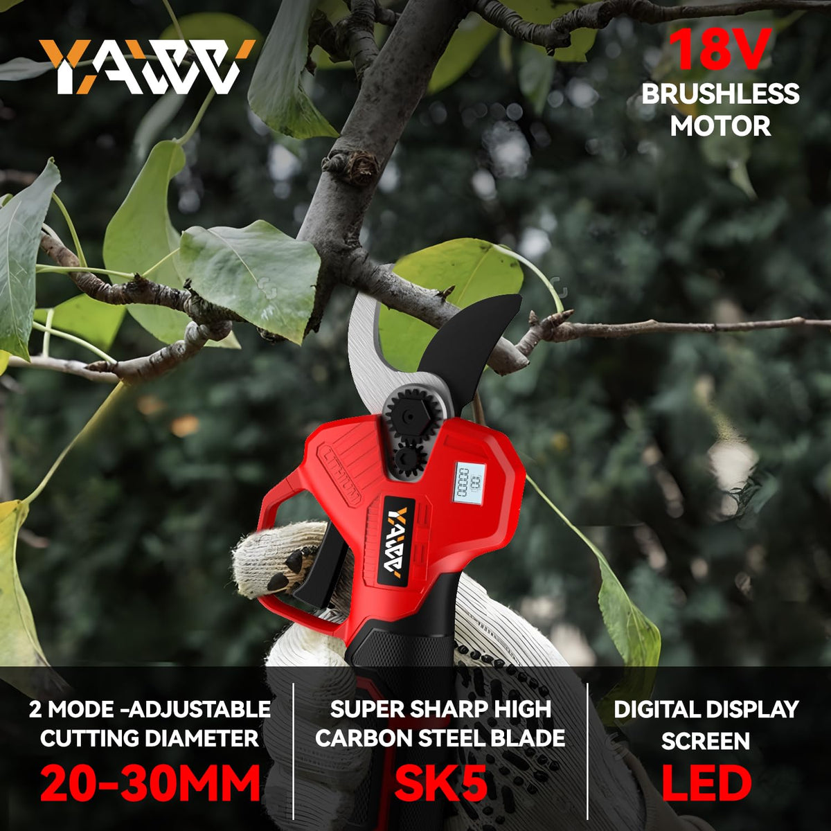YAWV brushless motor supports rapid trimming for efficient garden work.