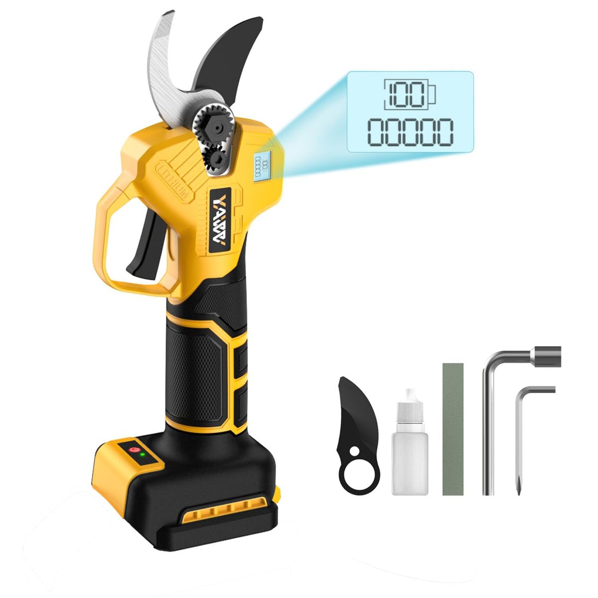 YAWV pruning shears LCD display shows battery status for easy garden planning.