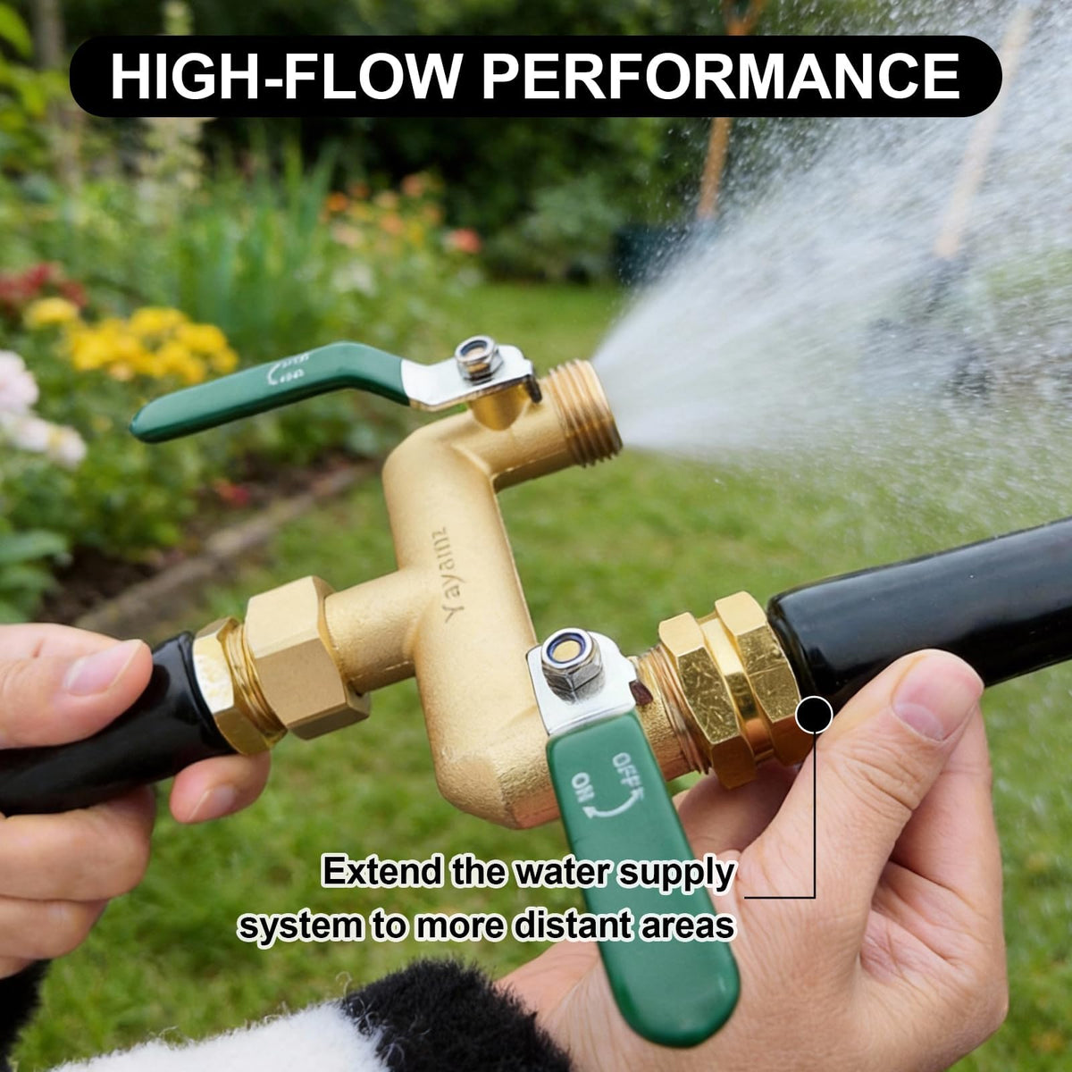 Yayamz 3/4-inch faucet adapter fits standard outdoor faucets.