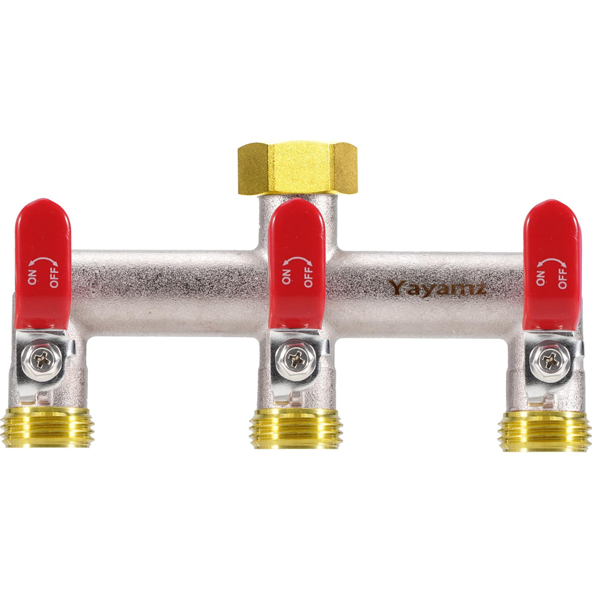Yayamz 3-way garden hose splitter close-up of brass nickel finish for durable outdoor use