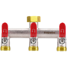 Yayamz 3-way garden hose splitter close-up of brass nickel finish for durable outdoor use