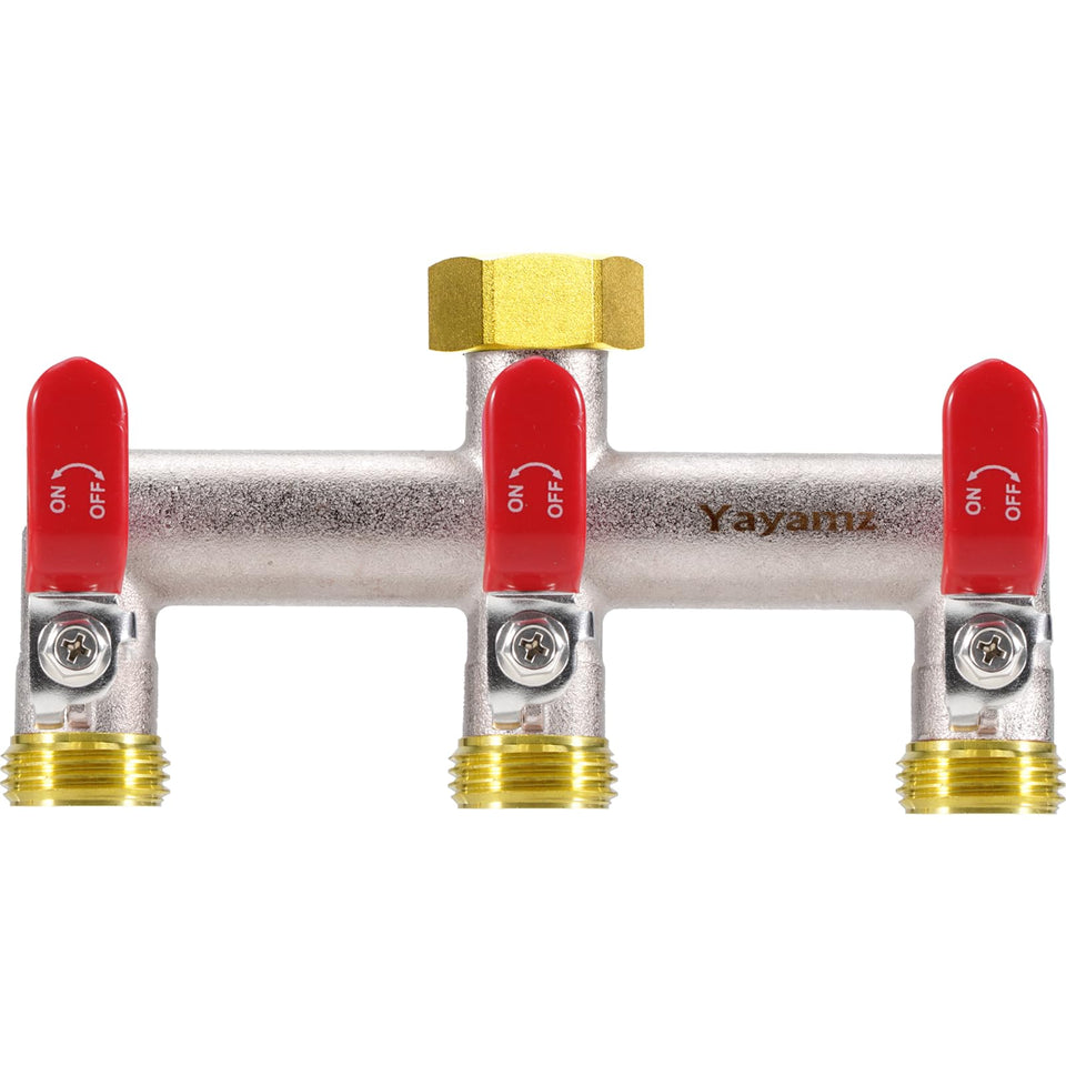 Yayamz 3-way garden hose splitter close-up of brass nickel finish for durable outdoor use