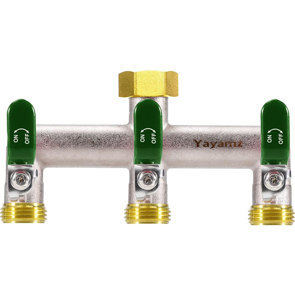 Yayamz brass-nickel hose splitter; durable outdoor use.