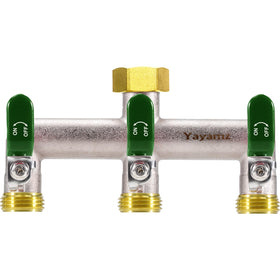 Yayamz brass-nickel hose splitter; durable outdoor use.