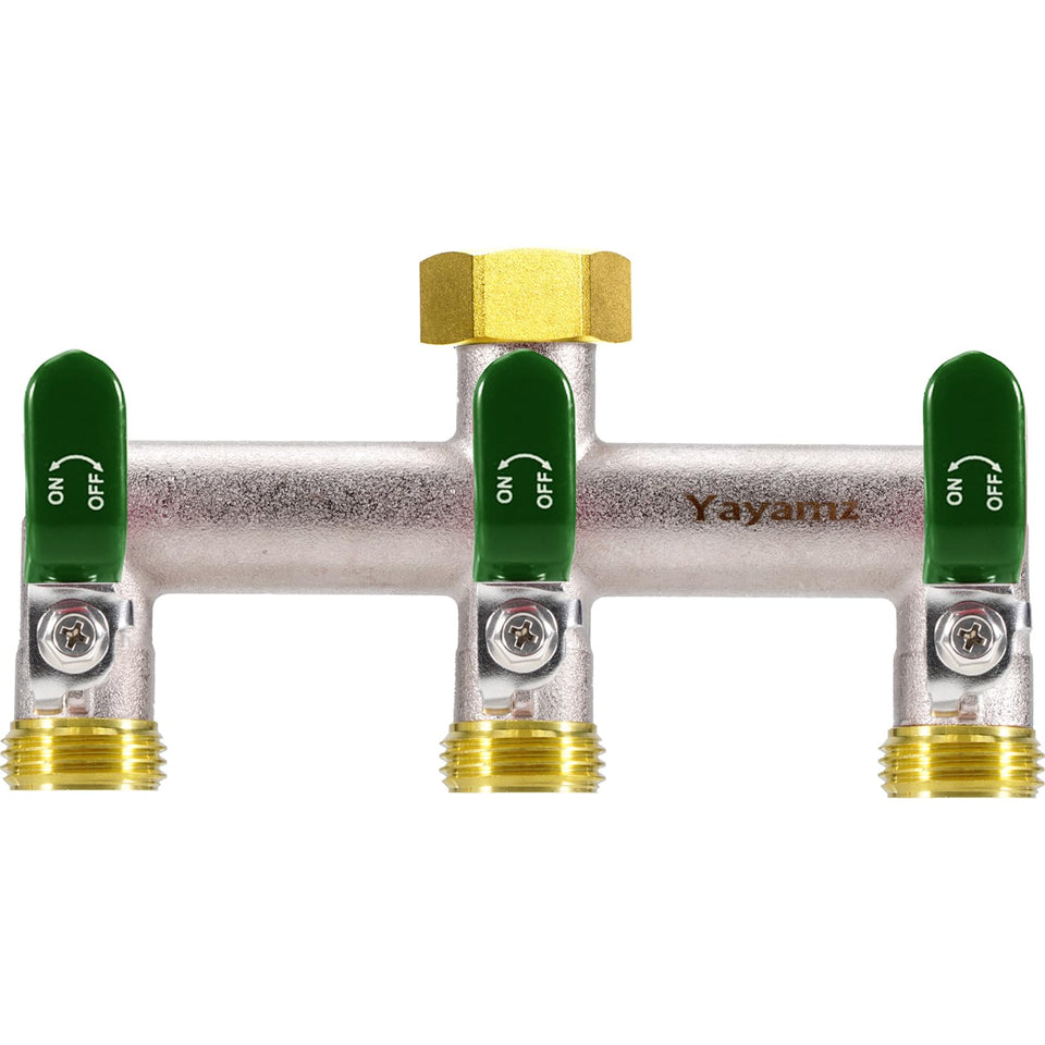 Yayamz brass-nickel hose splitter; durable outdoor use.