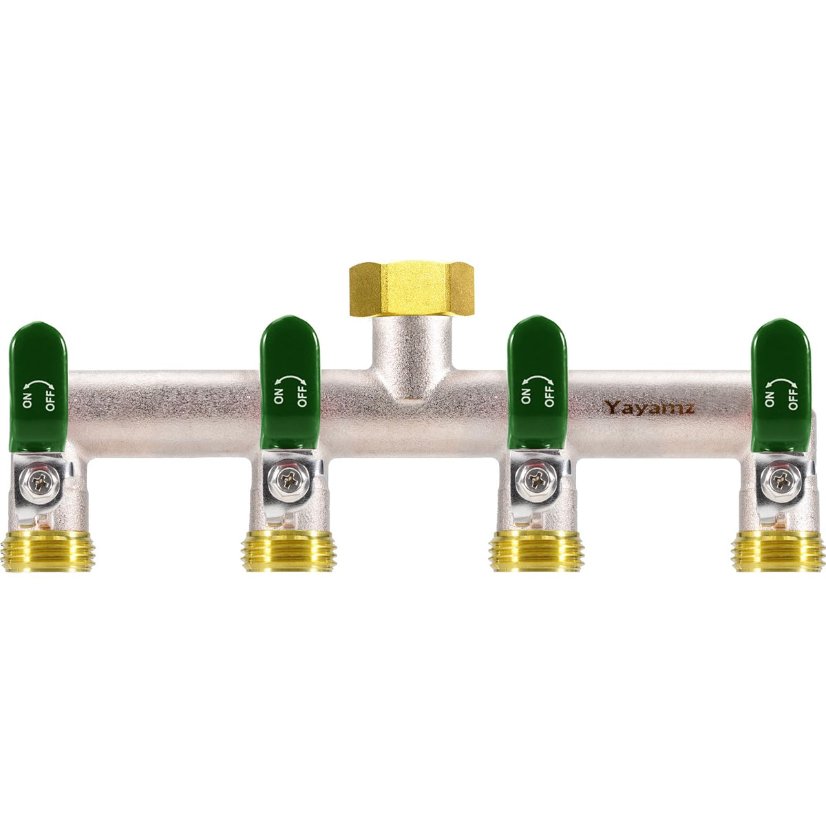 Yayamz 4-way garden hose splitter ready for durable outdoor use.