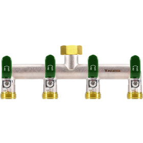 Yayamz 4-way garden hose splitter ready for durable outdoor use.