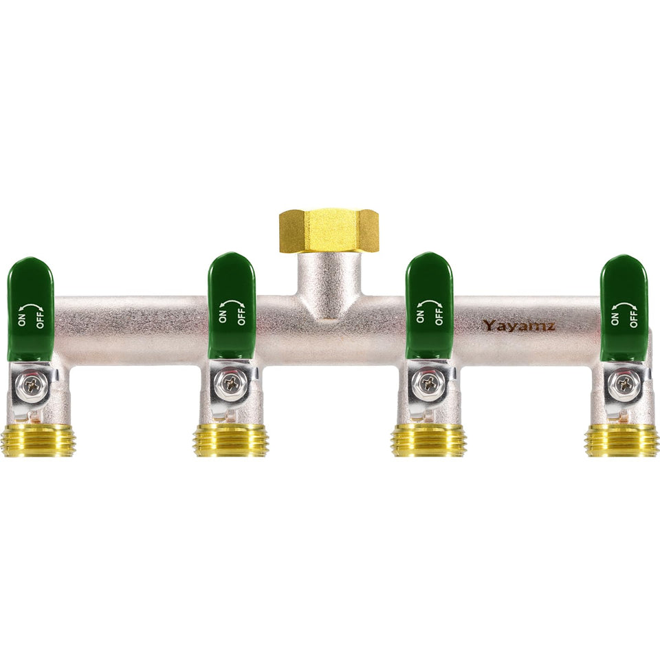 Yayamz 4-way garden hose splitter ready for durable outdoor use.