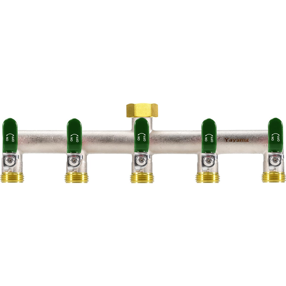 Yayamz 5-way garden hose splitter front view for versatile irrigation setups