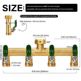 Close-up of brass diverter shows 1.77-inch spout spacing for timers
